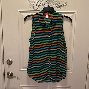 Catch My I -Striped button up sheer polyester sleeveless top / Size L /L-50